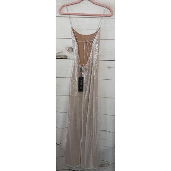 White Fox Formal Sequin Maxi Dress Size SM Pearl Colored Adjustable Tie Back - Picture 2 of 6